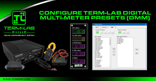 Term-LAB DMM screen showing SPL Max, Power Max, and Volts Max