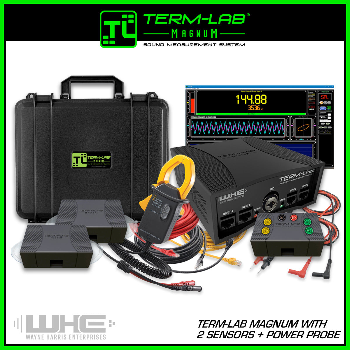 Term-LAB Magnum SPL Meter with Dual SPL Sensors and single power probe and clamp for power measurements.