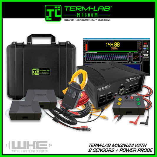 Term-LAB Magnum SPL Meter with Dual SPL Sensors and single power probe and clamp for power measurements.