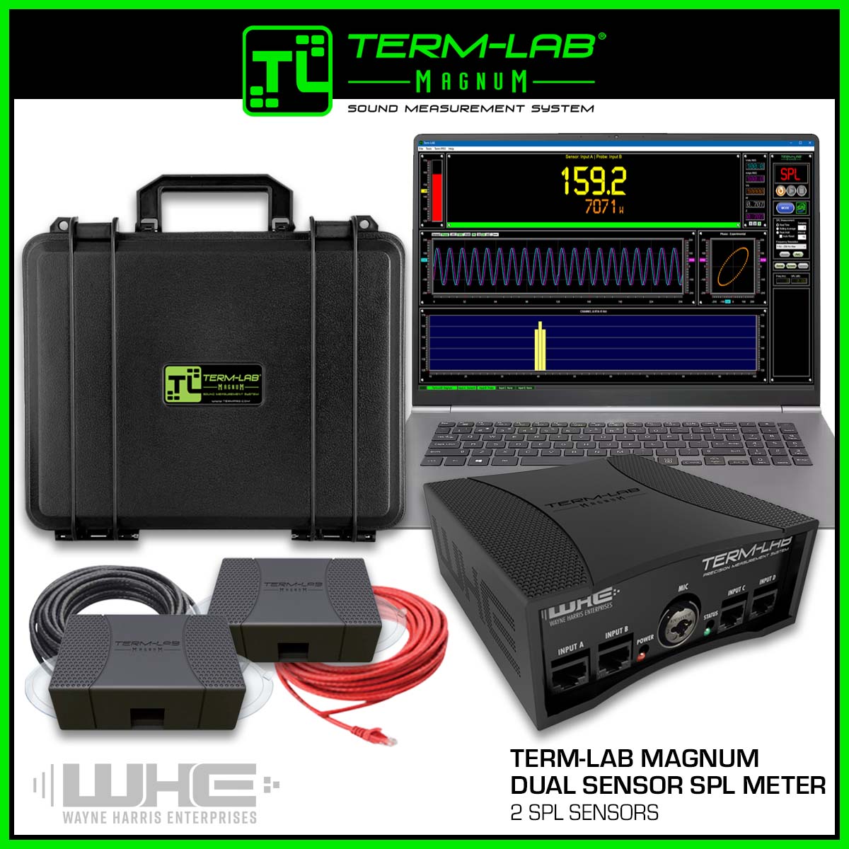 Term-LAB Magnum SPL Meter for High SPL Measurements. Dual sensor system allows for measuring 2 vehicles simultaneously.