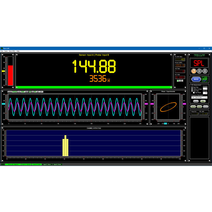 Term-LAB Magnum SPL meter interface showing SPL reading, power output, waveform, and oscilloscope display
