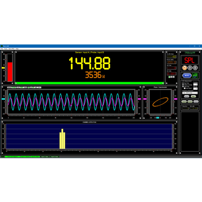 Term-LAB Magnum SPL meter interface showing SPL reading, power output, waveform, and oscilloscope display